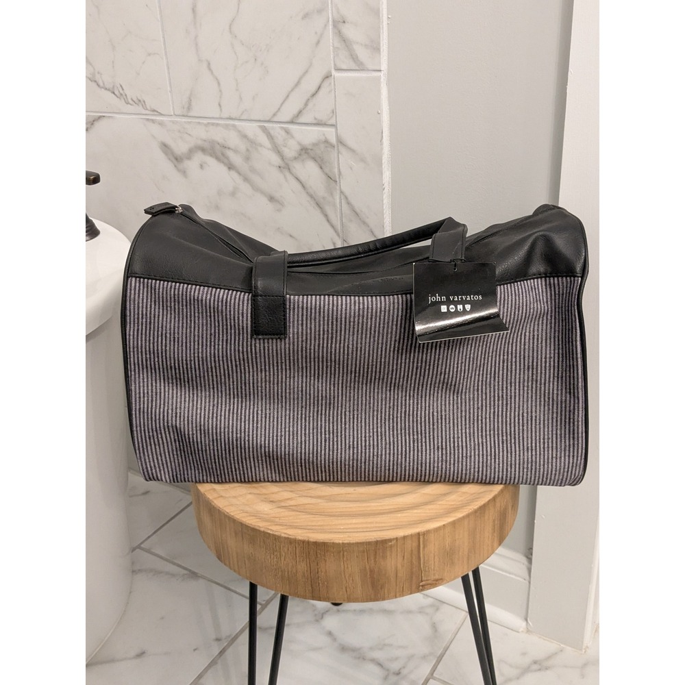 John Varvatos Mono Duffel‎ Bag Men's Striped Black Travel Gym Carry On Gift Bag